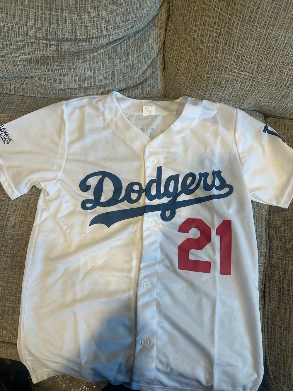 Los Angeles Dodgers White Jersey with Navy Script & Red Number 21